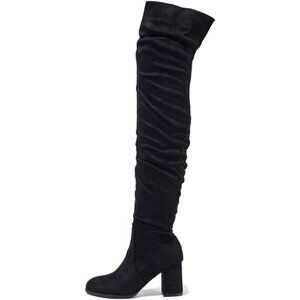Women Black Suede Leather Pull On Side Zipper Chunky Block Heel Thigh High Boots